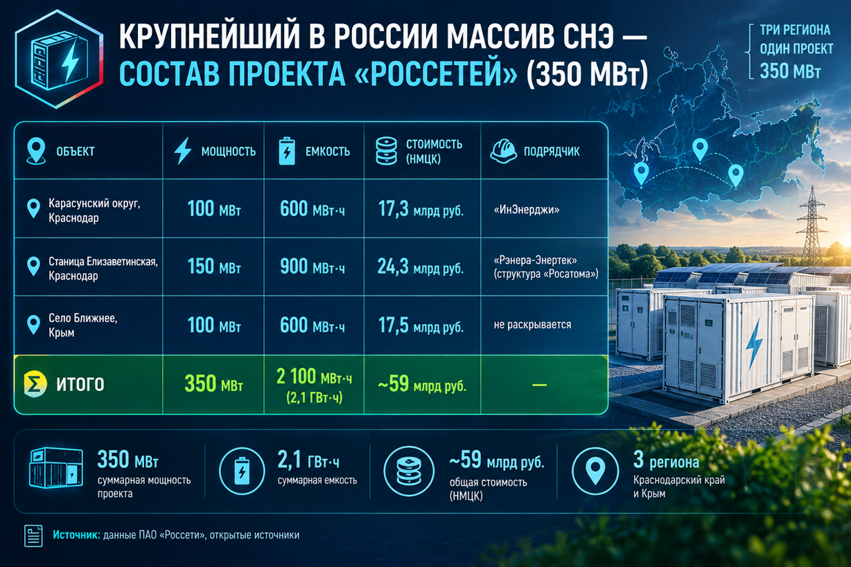 Состав проекта ПАО &laquo;Россети&raquo; по крупнейшему массиву СНЭ в России (350 Мвт)