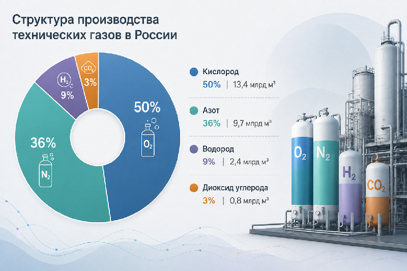 Структура производства технических газов в России, 2024&ndash;2025 гг.