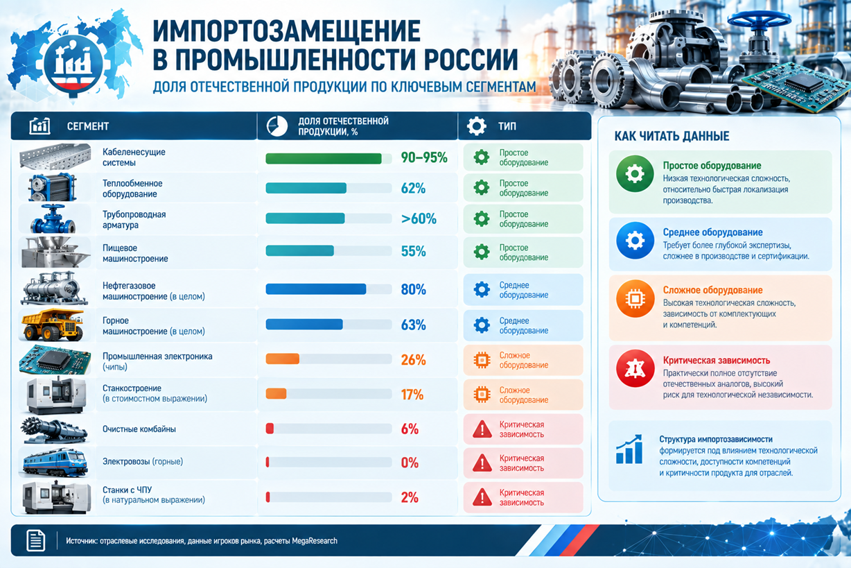 Импортозамещение в российской промышленности &mdash; доли отечественной продукции по ключевым сегментам