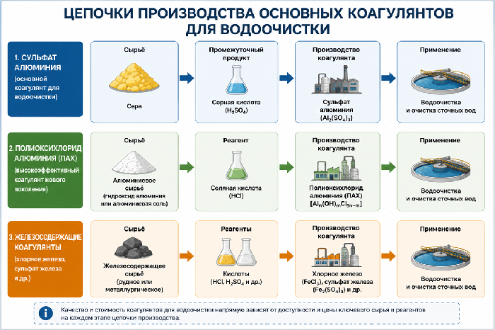 Цепочки производства основных коагулянтов для водоочистки