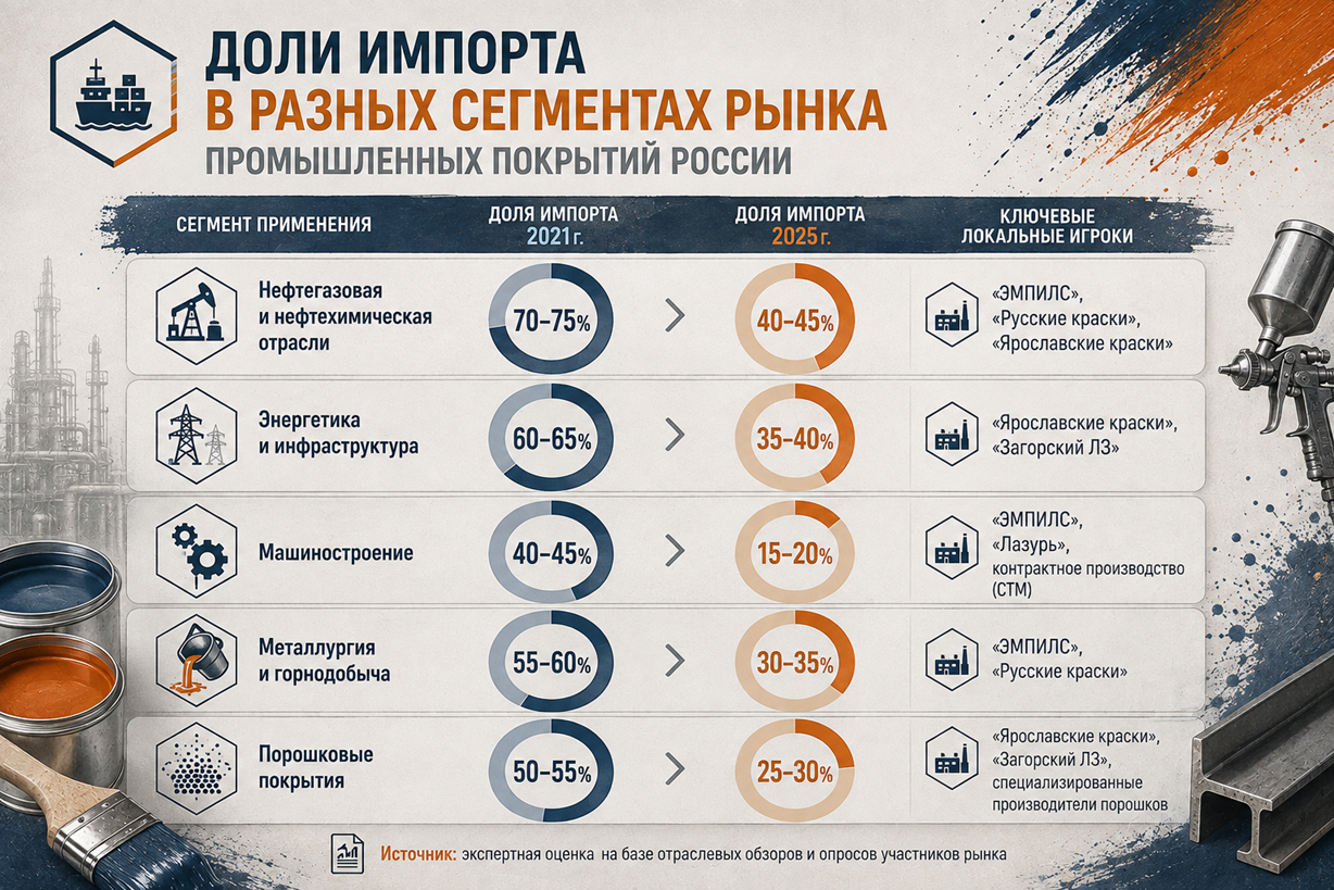 Доли импорта в разных сегментах рынка промышленных покрытий России
