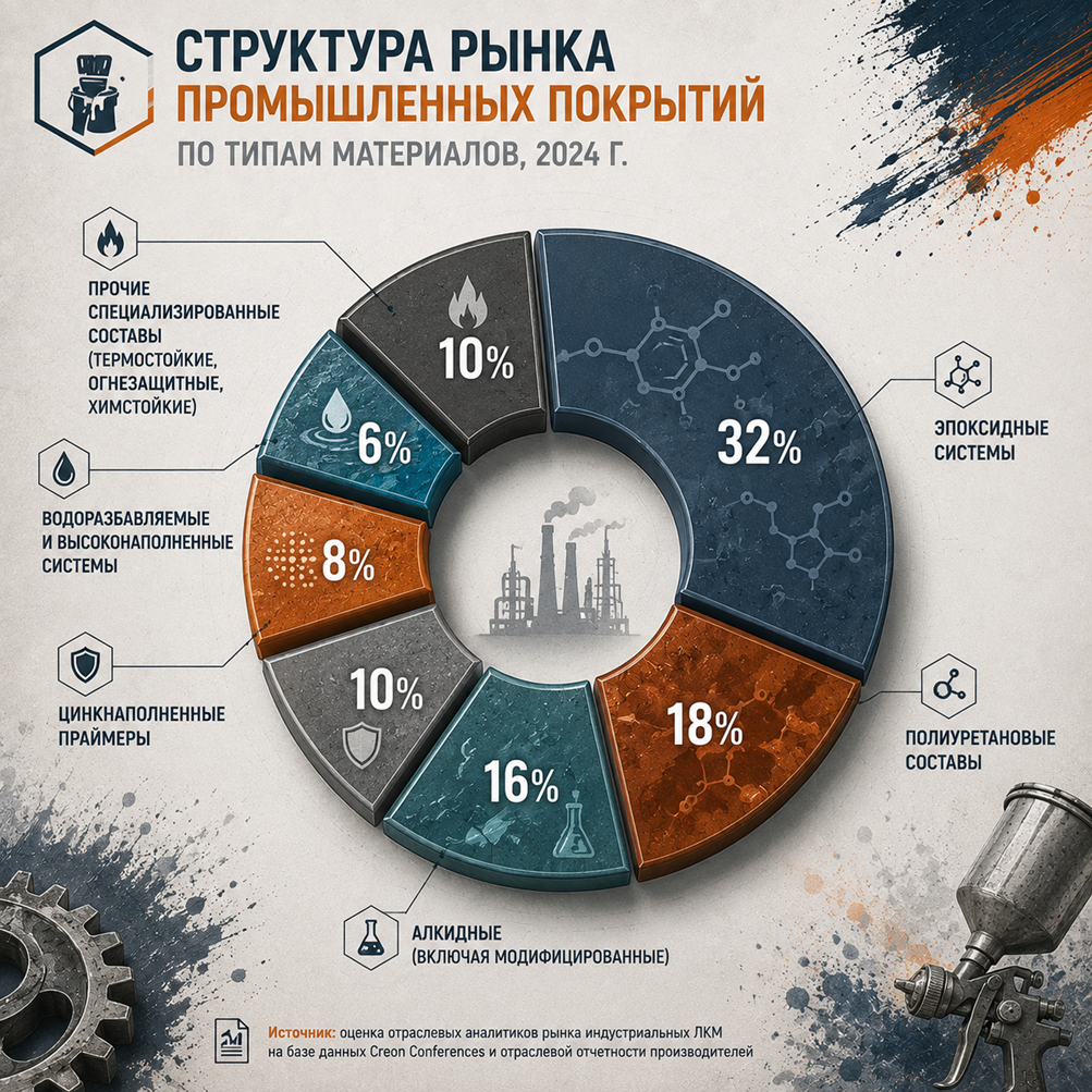 Структура рынка промышленных покрытий по типам материалов, 2024 г.