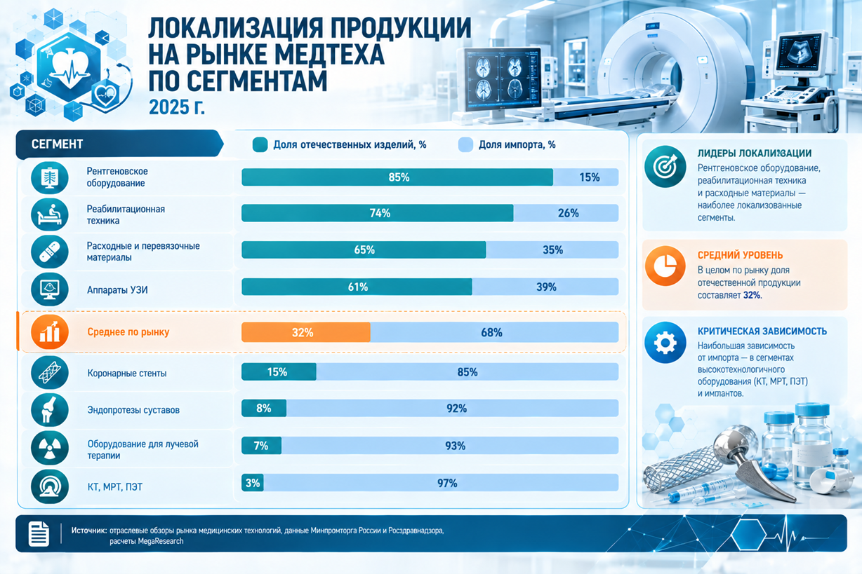 Локализация продукции на рынке медтеха по сегментам, 2025 г.
